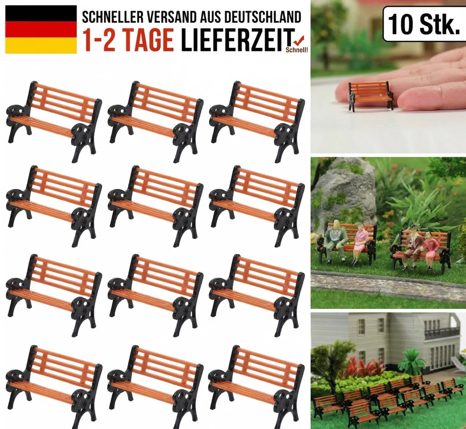 Zehn handbemalte Miniatur-Parkbänke für H0- und TT-Dioramen