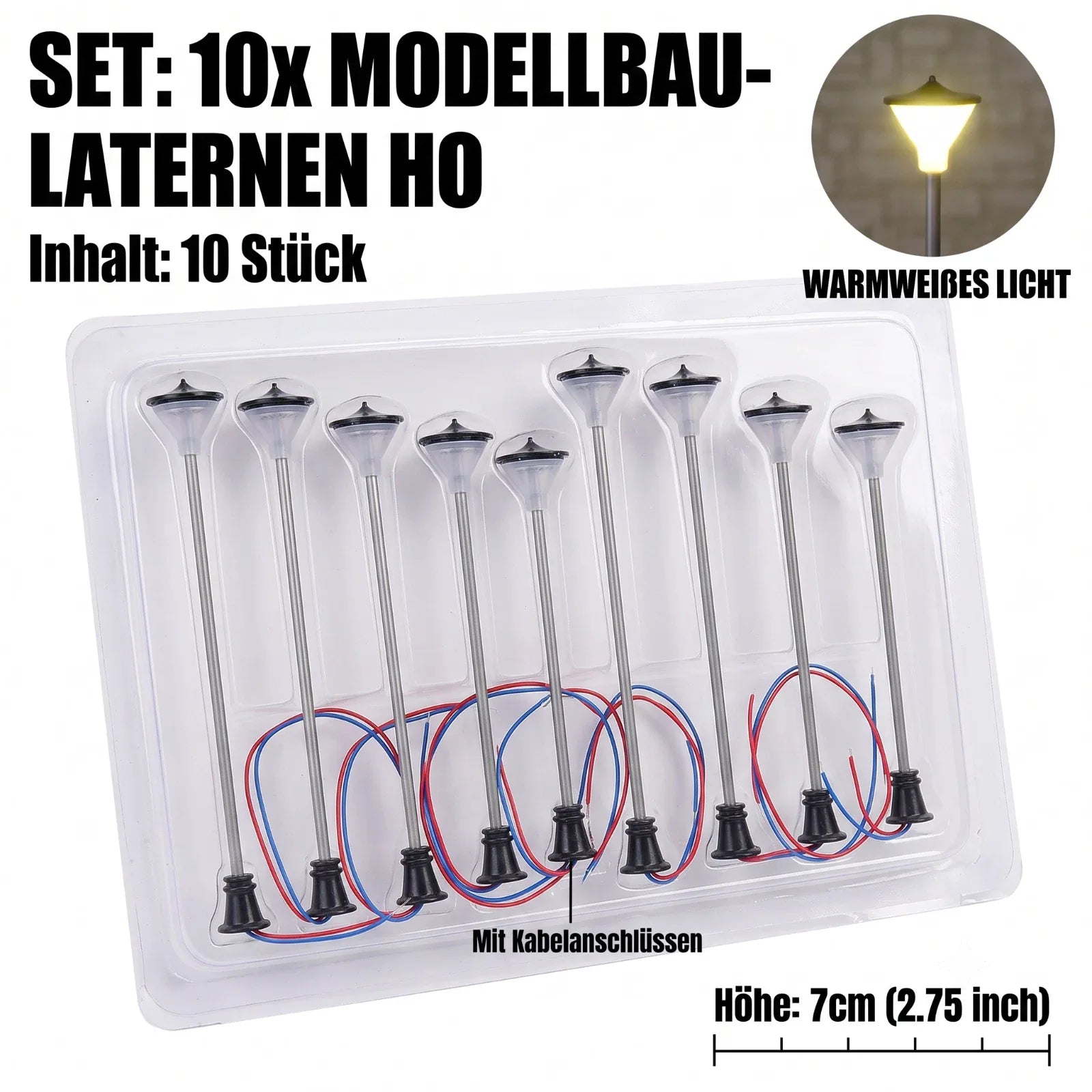 Zehn warmweiße LED-Straßenlaternen im H0-Maßstab 1 zu 87