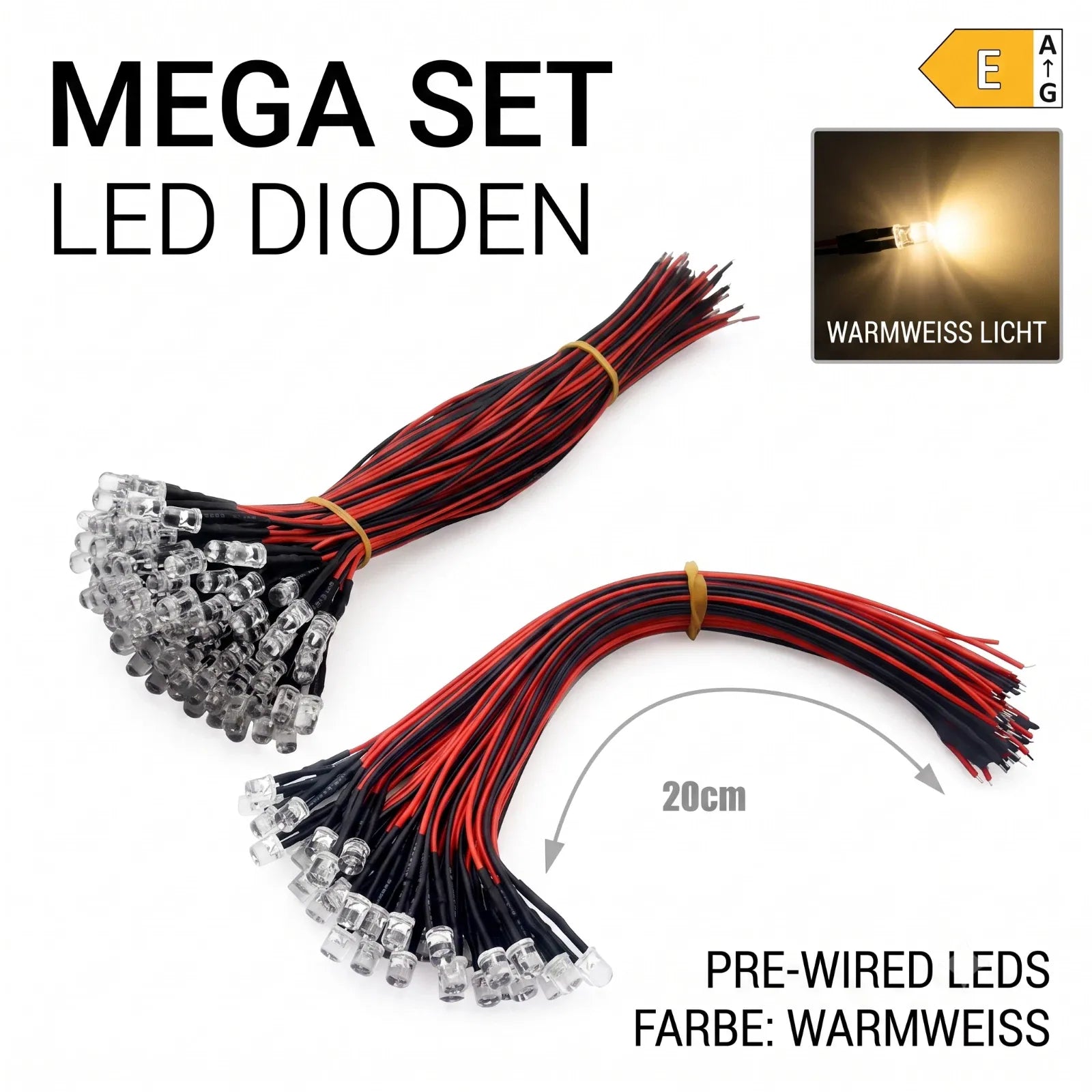 20 vorverdrahtete warmweiße 3-mm-LEDs mit Fassungen